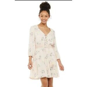 American Rag Long Sleeve Lace Up Bodice Floral Dress in Cream - Size M
